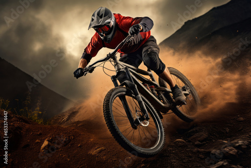 Mountain bike rider riding a bicycle off-road over rough terrain. Extreme cycling conditions. Motion blur. © MNStudio