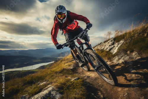 Mountain bike rider riding a bicycle off-road over rough terrain. Extreme cycling conditions. Motion blur.