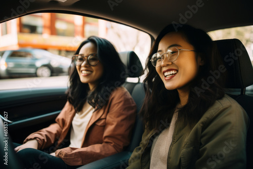 Two cheerful female friends going on a road trip together. Two beautiful women riding in a car. © MNStudio