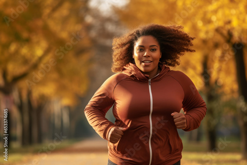 Young plus size woman running in city park on sunny autumn day. Overweight young girl jogging in the street. Weight loss concept. photo