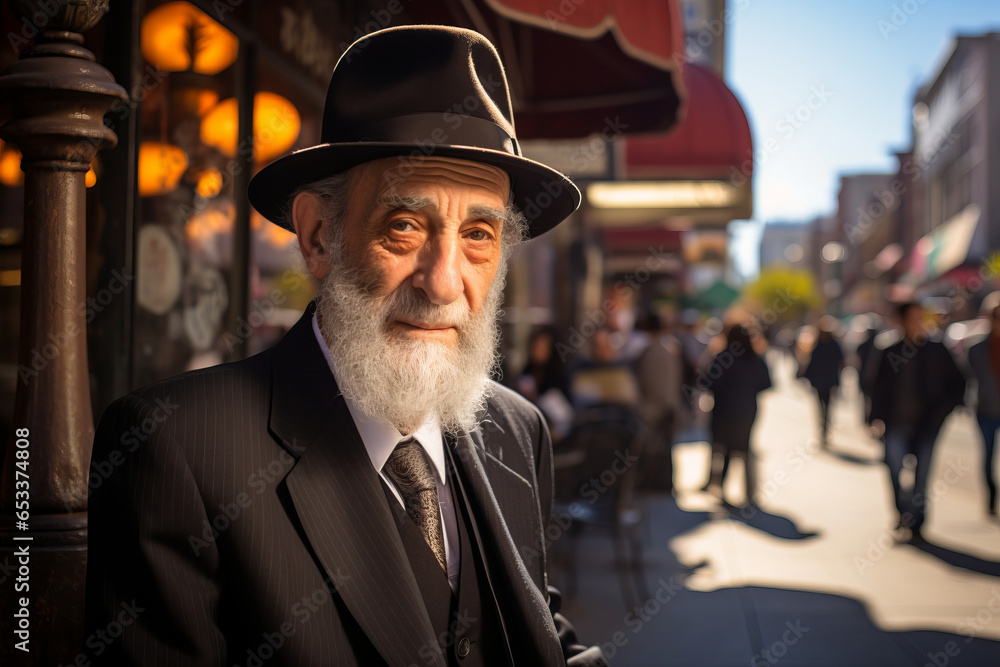 Senior orthodox Jewish rabbi smiling on a city street on sunny summer day. Senior orthodox Jewish rabbi smiling on a city street on sunny summer day.