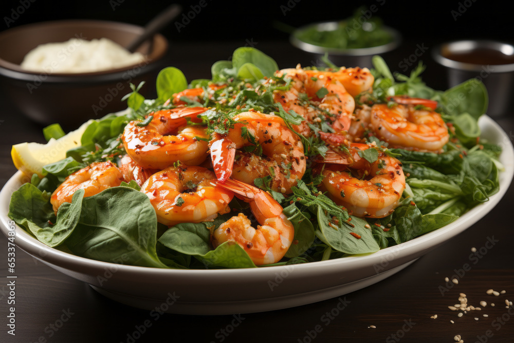 Fresh summer salad with shrimp, avocado and tomato cherry in bowl on sunlit table. Concept of healthy eating. Fresh summer salad with shrimp, avocado and tomato cherry in bowl on sunlit table. Concept of healthy eating.
