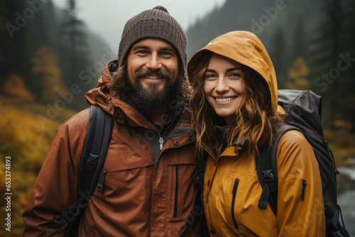 Beautiful couple admiring beautiful foggy landscape in autumn mountains. Adventurous young people with backpacks. Hiking and trekking on a nature trail. Traveling by foot. Generative AI.