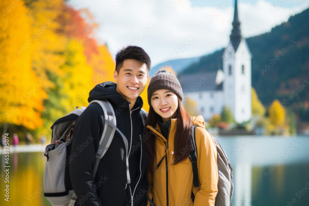 Beautiful Asian traveler couple with backpacks exploring small Austrian town in autumn. Man and woman having a good time travelling to Europe on sunny fall day.