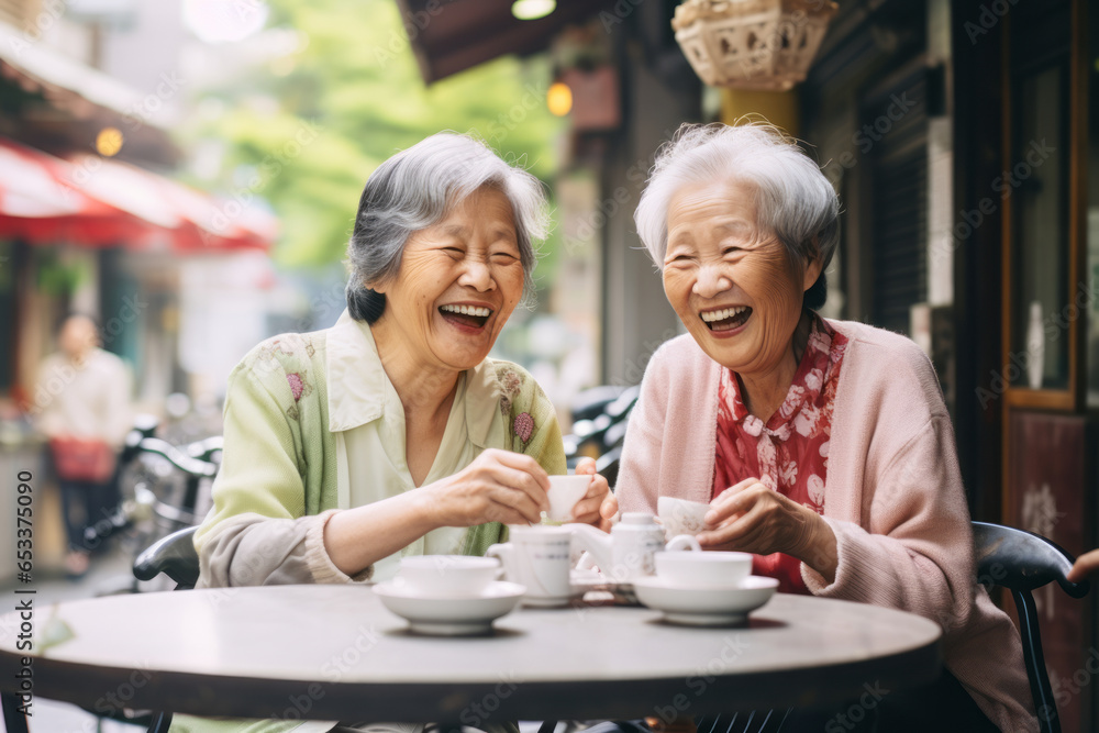Happy senior friends sitting in outdoor cafe on sunny summer evening. Retired women having fun outdoors. Retirement hobby and leisure activity for elderly people. Happy senior friends sitting in outdoor cafe on sunny summer evening. Retired women having fun outdoors. Retirement hobby and leisure activity for elderly people.