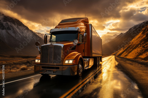 Truck driving on the asphalt road in rural landscape at sunset with dark clouds. Cargo, goods transportation concept.