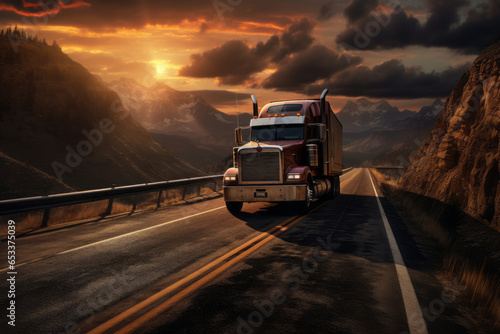 Truck driving on the asphalt road in rural landscape at sunset with dark clouds. Cargo, goods transportation concept.