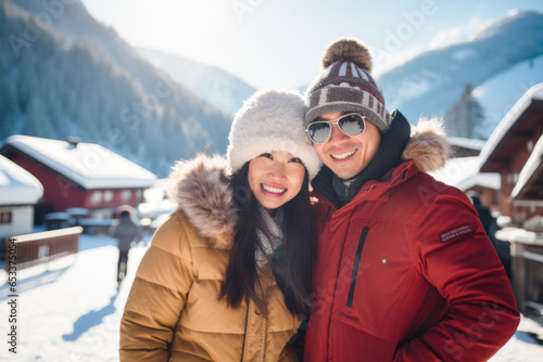 Beautiful Asian traveler couple with backpacks exploring small Austrian town at winter. Man and woman having a good time travelling to Europe on sunny winter day.