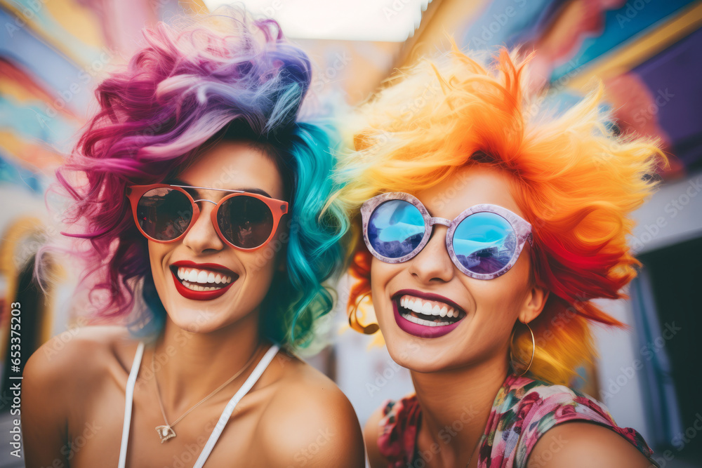 Two young cheerful women with rainbow color dyed hair feeling happy on sunny summer day. Trendy hairstyle concept. Two young cheerful women with rainbow color dyed hair feeling happy on sunny summer day. Trendy hairstyle concept.