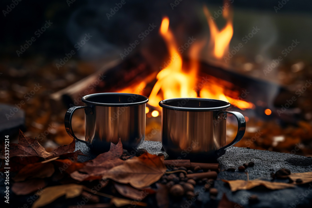 Two metal enamel cups of hot steaming tea on wooden log by an outdoor campfire. Drinking warm beverage by a bonfire. - obrazy, fototapety, plakaty 