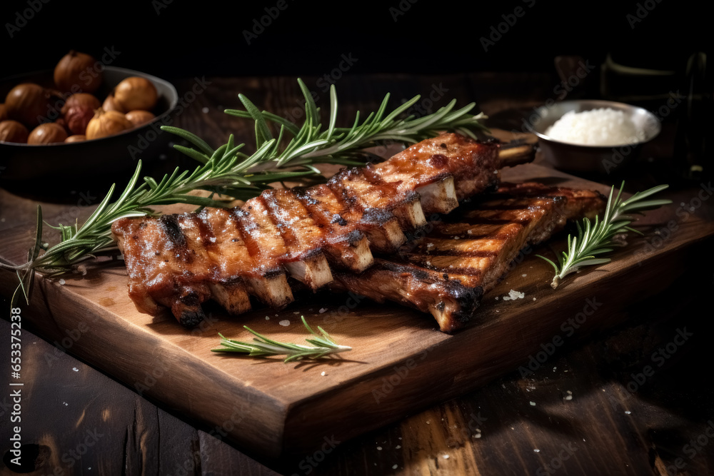 Close up of pork ribs grilled with BBQ sauce, tasty snack to beer on wooden board black background.  - obrazy, fototapety, plakaty 