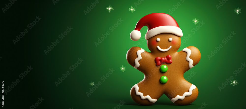 Fototapeta premium Banner xmas cookie gingerbread in red Santa hat decorated glaze on green background with copy space. 