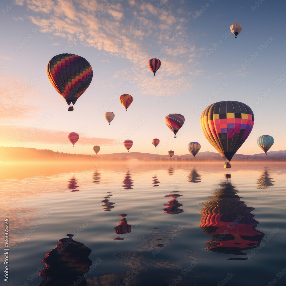 Obraz premium colorful hot air balloons floating at sunrise Background