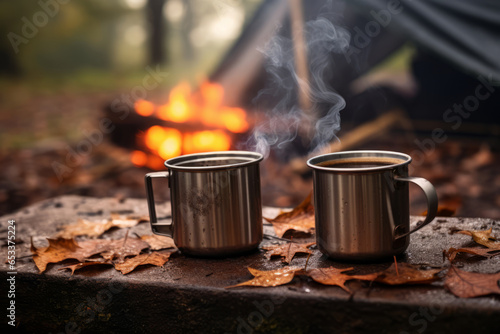 Two metal enamel cups of hot steaming tea on wooden log by an outdoor campfire. Drinking warm beverage by a bonfire.