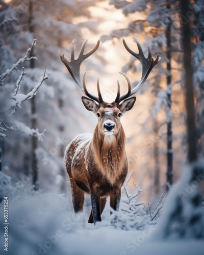 One noble male deer with huge beautiful horns stands and looks in camera in winter snowy forest. © Balica