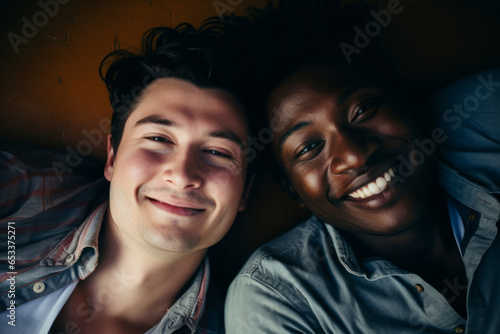 Two cheerful interracial friends expressing positive emotions to camera. Young people spending time together on sunny day. © MNStudio