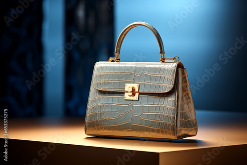Luxurious crocodile leather handbag with golden locks and handles. Old Money Aesthetic. Banner.