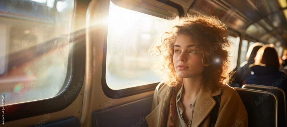 Beautiful young woman travelling by public bus. Female passenger riding ...