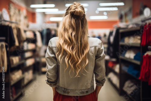 Back view of young woman standing near shelves with brand clothes in clothing stores. Saleswoman in fashion boutique.