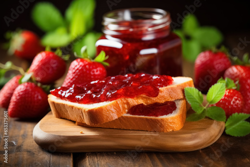 White bread toast and open jar with strawberry jam on wooden board on natural background. 