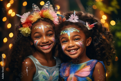 Two cute little black girls dressed as magic fairies have their faces painted with a facepaint. Children wearing costumes at a party outdoors.