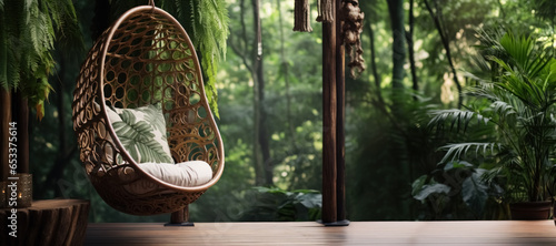 Banner empty wicker rattan hanging chair with pillows on terrace of an eco villa or eco hotel with view of jungle in tropical country. 
