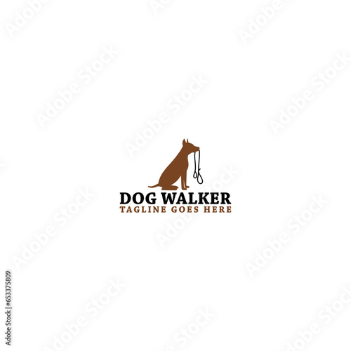 Dog walker logo template with sitting dog silhouette isolated on white background