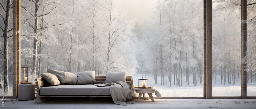 Spacious luxury apartment with panoramic windows. Gorgeous view on the snowy winter landscape. Interior design mockup with furniture, decoration.Modern cottage, villa. Generative ai. Spacious luxury apartment with panoramic windows. Gorgeous view on the snowy winter landscape. Interior design mockup with furniture, decoration.Modern cottage, villa. Generative ai.