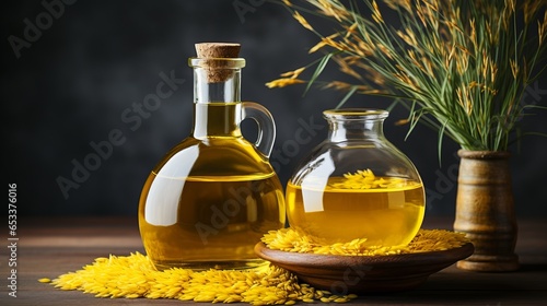 Vegetable oil in a glass bottle, rice oil is used for frying meat and seafood, and stewing vegetables. Salad preparation fat. Healthy salad dressing. Rice germ oil,