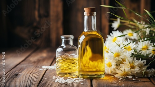 Vegetable oil in a glass bottle  rice oil is used for frying meat and seafood  and stewing vegetables. Salad preparation fat. Healthy salad dressing. Rice germ oil 