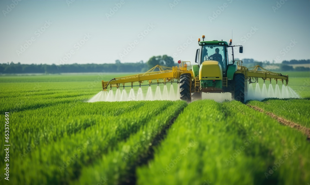 Fototapeta premium Tractor spraying pesticides fertilizer on a field