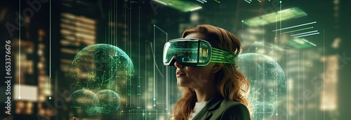Smiling businesswoman in green sweater is wearing vr helmet. Digital interface in 3d glasses. Concept of future technology, interaction and entertainment playing game in virtual reality