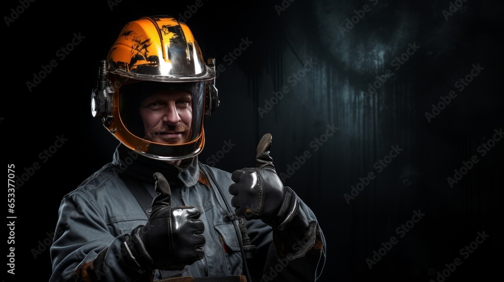 An industrial worker wearing a helmet on a black background gives a thumbs up
