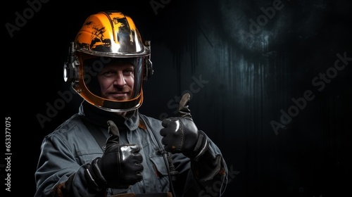 An industrial worker wearing a helmet on a black background gives a thumbs up © Zahid
