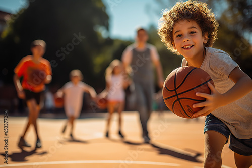 Youthful Basketball Enthusiasm Energetic Boy on the School Court Embracing Fitness and Education. created with Generative AI