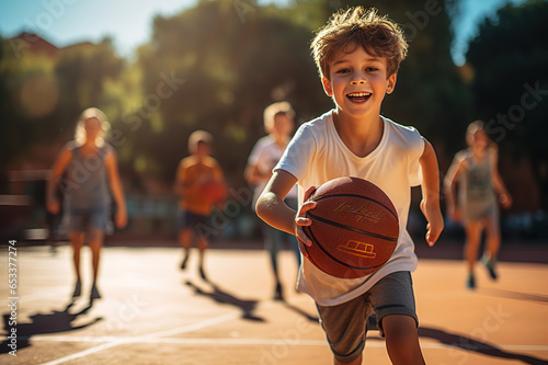 Youthful Basketball Enthusiasm Energetic Boy on the School Court Embracing Fitness and Education. created with Generative AI
