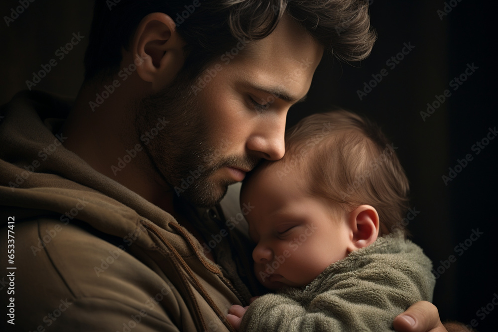 a young father holds a newborn baby in his arms and looks at him tenderly a young father holds a newborn baby in his arms and looks at him tenderly