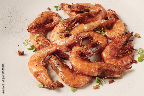 fried tiger prawns, with spices, homemade, top view,