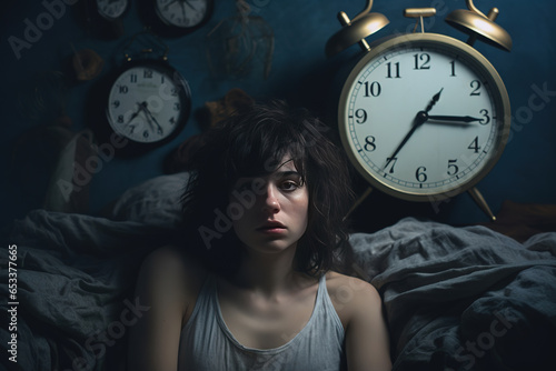Depressed woman lying in bed can't sleep late at morning with insomnia.