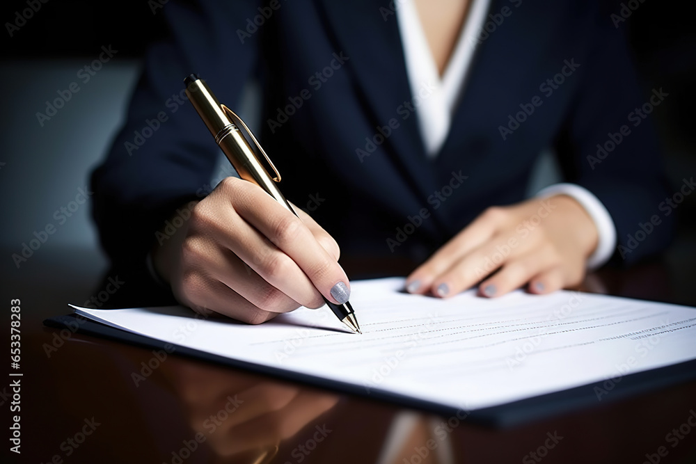 Businesswoman signing official contract, formal document Businesswoman signing official contract, formal document