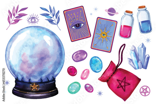 witchcraft and fortune telling items set. mystical witchy magic elements collection, crystal ball, tarot cards, potions, celestial magic stones. Watercolor Vector illustration