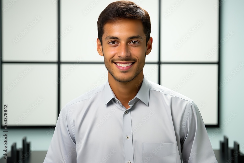 Smiling Latin American businessman, blurred office background Smiling Latin American businessman, blurred office background
