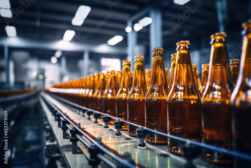 Glass brown bottles of beer on conveyor belt with light  concept brewery plant production line  beer factory.