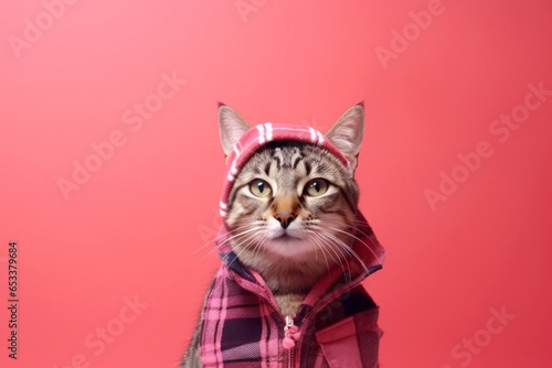 singapura cat wearing a plaid bandana against a coral pink background