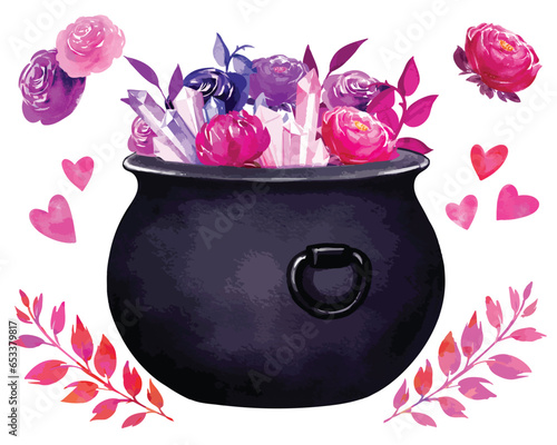 witch cauldron filled with flowers and magic crystals vector illustration. love spell and magic preparation concept