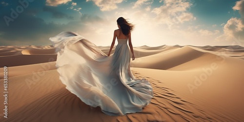 AI Generated. AI Generative. Beautiful woman walking on white yellow dune. Nature outdoor vacation landscape background. Romantic relaxing vibe