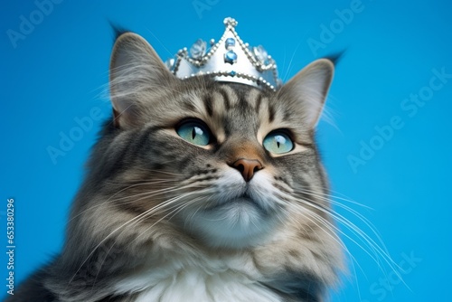 american curl cat wearing a royal tiara against a cerulean blue background photo