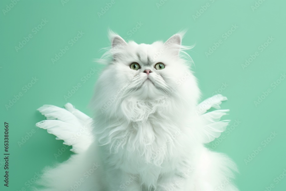 persian cat wearing a pair of angel wings against a spearmint green background persian cat wearing a pair of angel wings against a spearmint green background