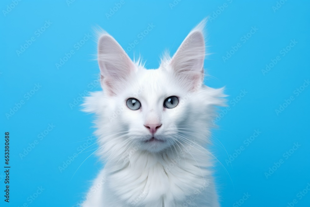 turkish angora cat wearing a rabbit ears headband against a cerulean blue background turkish angora cat wearing a rabbit ears headband against a cerulean blue background