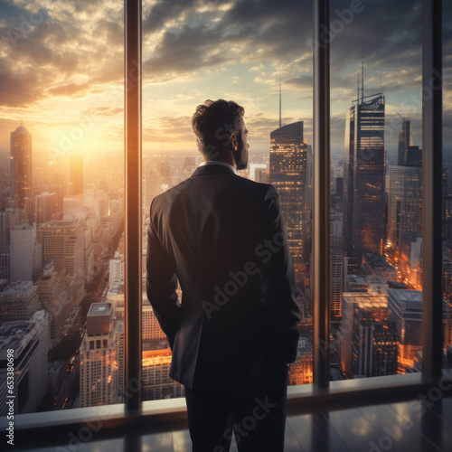 Back view of thoughtful businessman looking through window at big modern city